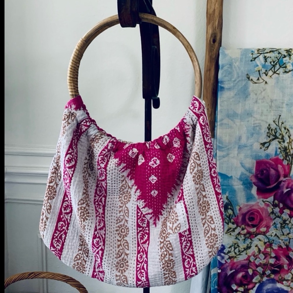 SARI-BARI BOHO PATCHWORK BEACH TOTE BAG BRUSHED COTTON OVERSIZED BAMBOO HANDLE